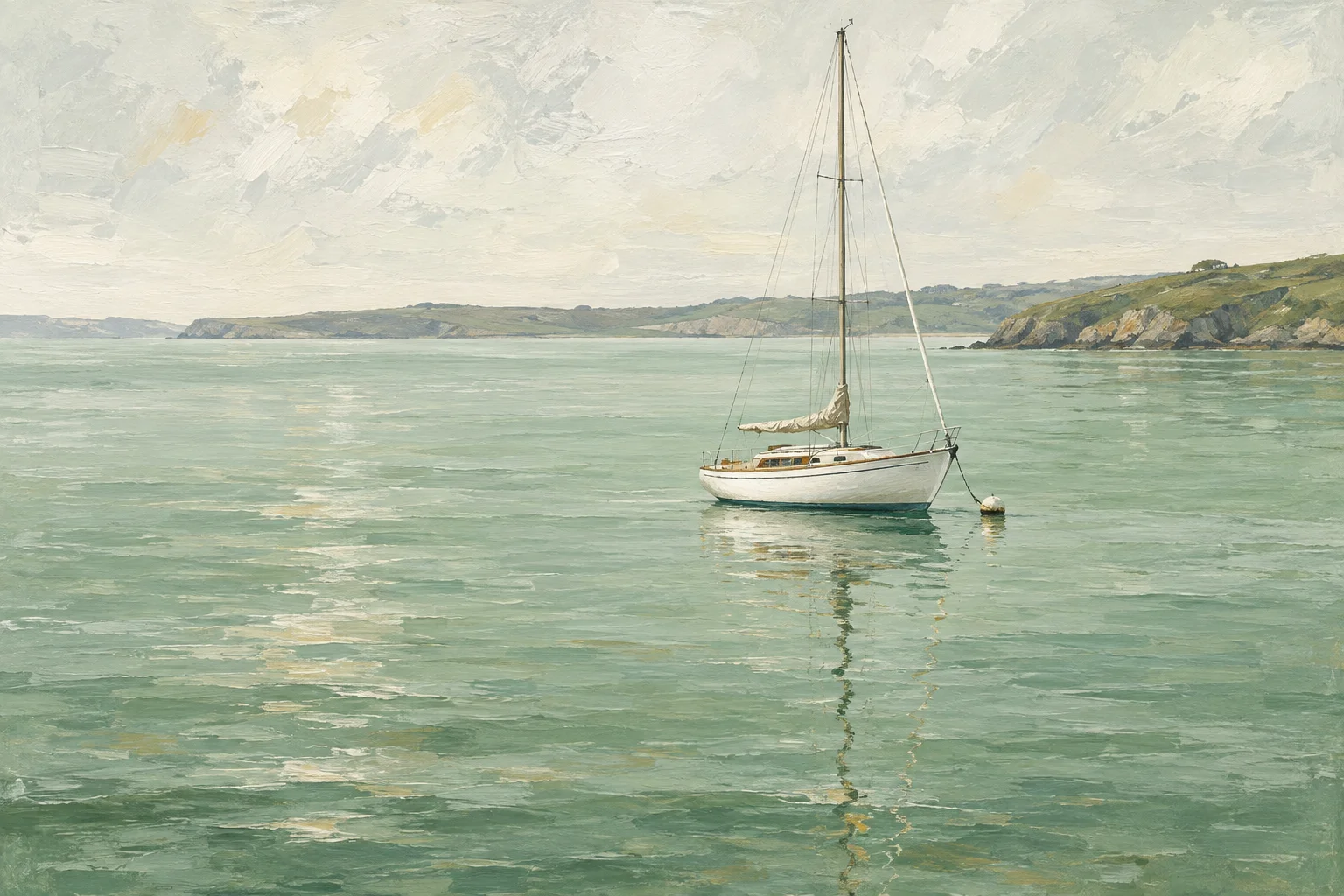 A white yacht resting on luminous green water beneath a quiet coastal sky
