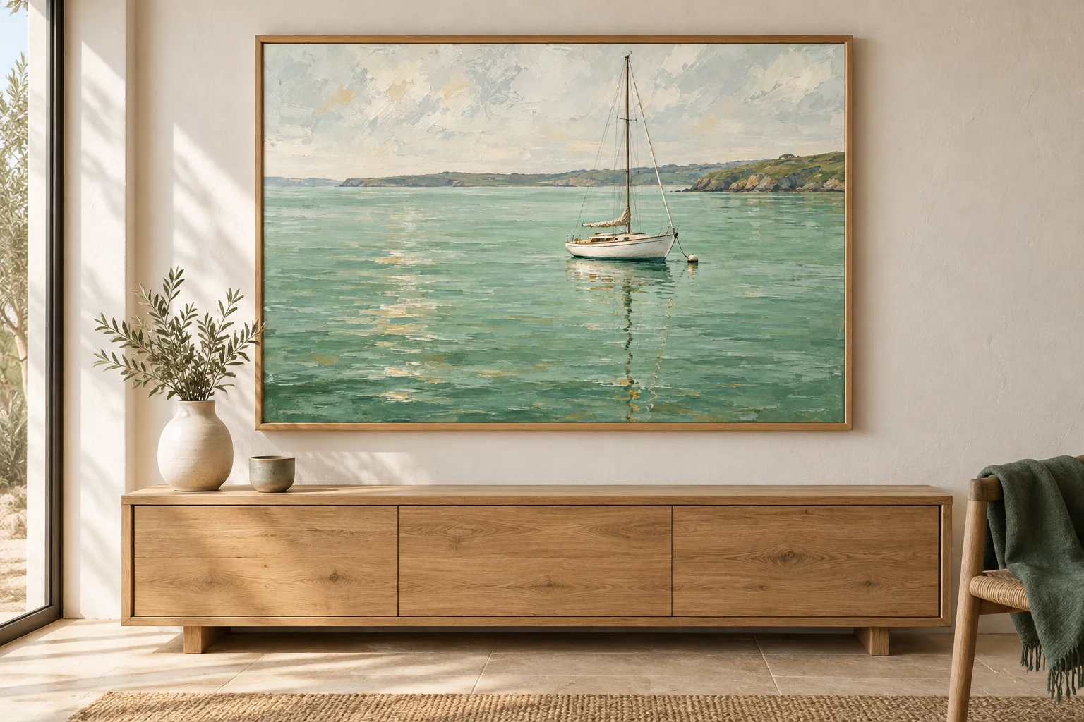 Illustrative room placement of a sailing artwork in a natural wood frame